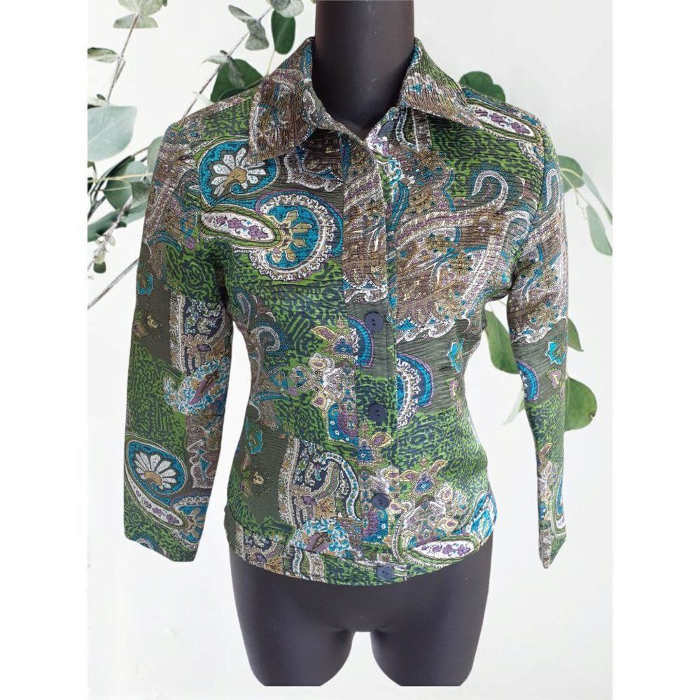 Size Petite Plus Green Argyle Button Up Lightweight Pleated Coat by Analogy